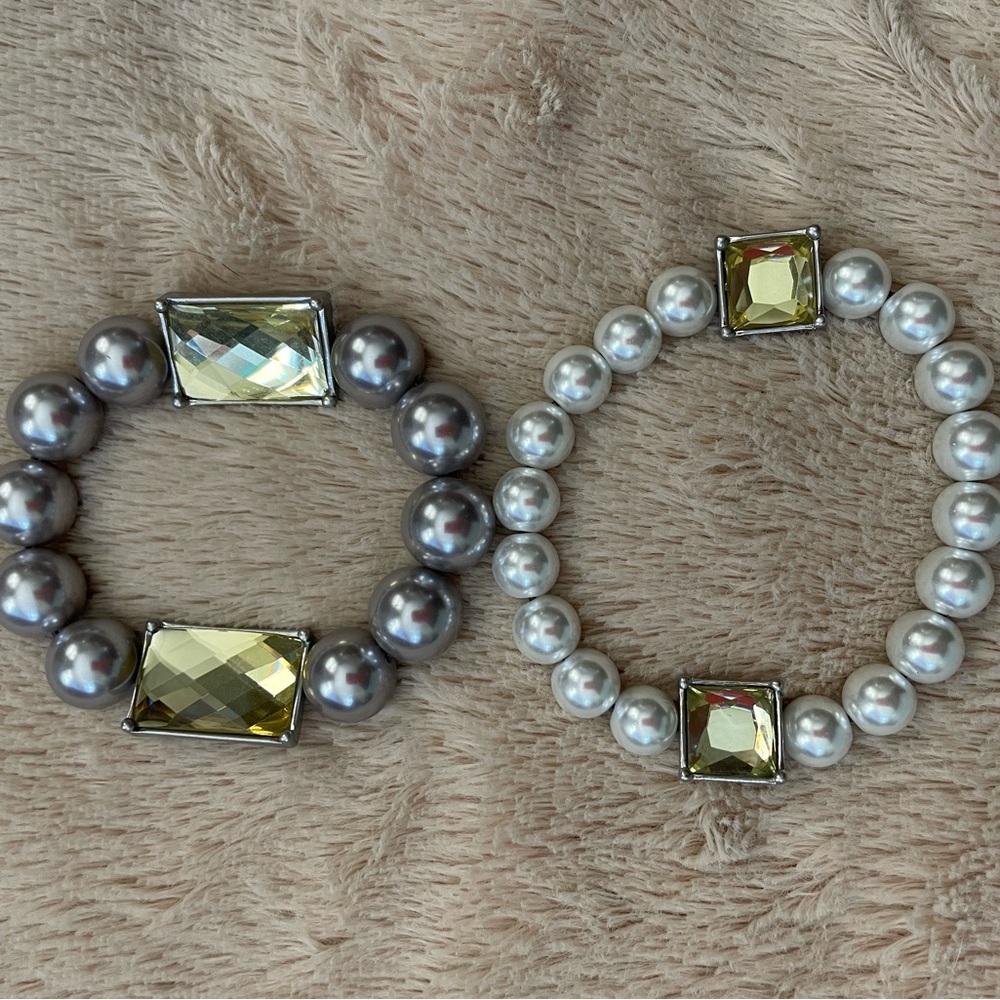 2 Lia Sophia faux pearl stretch bracelets with yellow tone gems